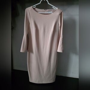 Calvin Klein Pale Pink Midi Sheath Dress with Button-Trim Sleeves
